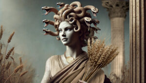 Identity graphic of LCS Medusa AX Soft White Winter Wheat, showing a statue of Medusa with snake hair holding wheat stalks, representing resilience and innovation.