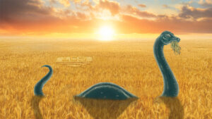 LCS Nessie AX identity graphic featuring the Loch Ness monster emerging from a golden wheat field during sunrise, symbolizing strength and adaptability. A Soft White Winter Wheat (SWWW) CoAXium® variety by Limagrain Cereal Seeds, ideal for the Pacific Northwest with superior stripe rust resistance and SBMV resistance.